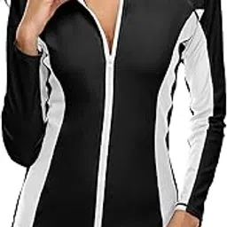 attraco Women's Rashguard Swimsuit Zipper Front Sun Protection UPF 50+, White Splice, L-picture-11