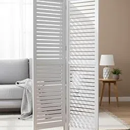 Woodluxe Vintage White Solid Wood Partition Louvered Shutter Screen, Folding Room Divider/Separator with Wooden Slats Patti Design for Home Office Salon Studio Privacy and Decoration (2 Panel)-picture-30