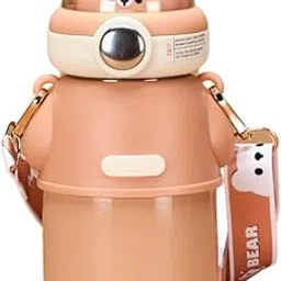 Coos N Babbles Space Bear Premium Stainless Steel Water Sipper for Baby | Spill Proof BPA Free Soft Silicone Straw Drinking Sipper for Kids of 12+ Months with Belt | Water Bottle (550 ml) (Gold)-picture-15