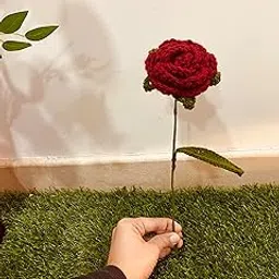 Handmade Crochet Rose, Deep Red Artificial Flower with Stem, Decorative Knitted Rose-image-44