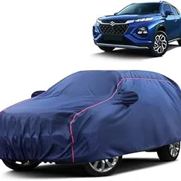 VOICO Water-Resistant Dustproof Car Cover for Maruti Fronx - Mirror Pocket, UV Protection, Scratch Guard, Buckle Belt, Front & Back Bottom Elastic with Red Piping - Blue image 1