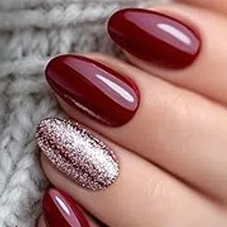 Set Of 14Pc, Press-ons, Short Round Glossy Maroon With Silver Glitter, Easy Glue Tab application, Nail Extensions With Free Glue Kit,-image-83