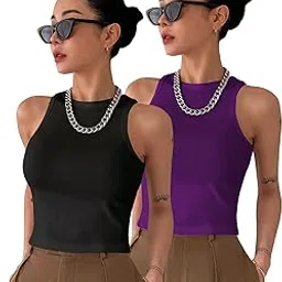 keri perry Women's Knitted Sleeveless Solid Round Neck Ribbed Crop Tops (Pack of Two (2))-picture-27