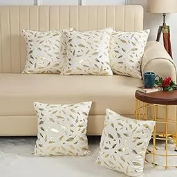 Exotice A Cube Luxury Solutions Soft Velvet Fabric Feather Print Decorative Faux Fur Cushion Covers 12x12 Inch Set of 5 for Couch, Sofa, Bed (White, 30x30 cm)-image-0