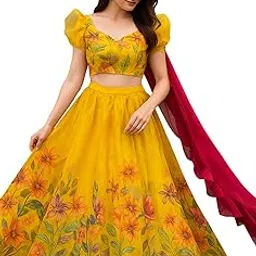 Women's Floral Lehenga Choli Set for Girls Vibrant Digital Printed Outfit with Puff Sleeves and Contrast Red Dupatta Semi-Stitched Dress ethnic_Orange_Freesize-image-94