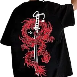 thalasi Men Cotton Dragon Back Printed Aesthetic Anime Oversized T Shirt for Men | Half Sleeve Round Neck Printed Tshirt for Men - Down Shoulder Loose & Baggy Fit Korean T Shirts for Man & Boys-picture-39