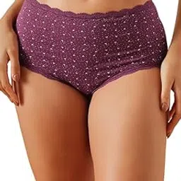 clovia Women's Cotton Printed High Waist Hipster Panty with Lace (PN3570P15_L_Purple)-picture-17