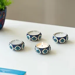 ExclusiveLane Ceramic Tea Light Candle Holder for Home Decoration | 'Mughal Floral' Hand-Painted Tealight Candle Stand for Puja & Living Room (Set of 4, Blue)-picture-11