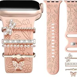 OXAI Compatible with Apple Watch Straps 42mm[Series 3 2 1] 49mm 46mm 45mm 44mm, Flower Engraved Silicone With Decorative Charms for iWatch Ultra 2 SE Series 10 9 8 7 6 5 4 3 2 1 (WATCH NOT INCLUDE)-picture-58