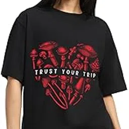 juneberry Pure Cotton Round Neck Half Sleeve Oversized Baggy Fit Drop Shoulder Front Printed T-Shirt for Women-picture-16