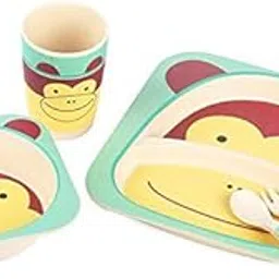 abracadabra Bamboo Fiber Feeding Set for Toddlers & Kids, 5-Pieces (1 X Plate, 1 X Bowl, 1 X Glass, 1 X Spoon, 1 X Fork) - Moneky, Tiffany Blue-picture-32
