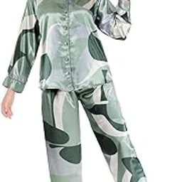 kattly Women's Satin Solid Printed Pajama Set with Top & Pants | Night Suit Set | Full Length Sleepwear | Silky Satin Slipwear | Full Sleeve Nightwear-picture-10