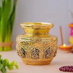 Ashtalakshmi Handcrafted Brass Kalash for Pooja | Traditional Puja Pot with 8 Laxmi Engravings | Antique Finish Kalash for Navratri, Diwali, Wedding and Housewarming Rituals Puja Lota for Festival-picture-16