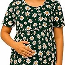 Maternity Empire Waist Dress, Forest Green Cotton Blend with Daisy Print Pattern, Short Sleeve Casual Summer Wear, Pull Up Feeding Maternity Wear image 1