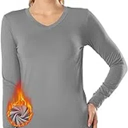 mancyfit Thermal Tops for Women Fleece Lined Shirt Long Sleeve Base Layer V Neck Grey X-Large-picture-41