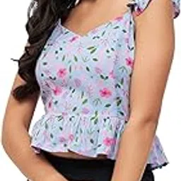 kibo Casual Women's Floral Polyester Round Neck Top Light Blue-picture-16