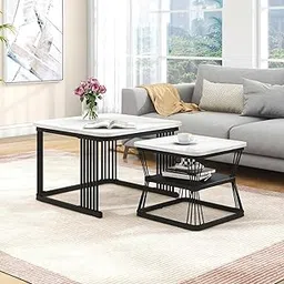 TRUST ROX Coffee/Nesting/Side/Center Tables with an Iron Frame and a Marble MDF White top for The Living Room, Drawing Room, or Balcony (Black White)-image-1