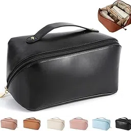 JRM Women’s Large Capacity Cosmetic Travel Bag – Waterproof Leather Makeup Organizer with Wide Opening, Dividers with Handle (Cross Open, Black)-picture-48