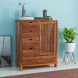 GateWay Furniture Solid Sheesham Wood 5-Drawer Chest of Drawers with 2-Shelf Storage - Elegant and Spacious Dresser for Your Home (Honey Finish)-picture-59