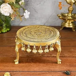 Two Moustaches Elephant Pillar Design Handcrafted 6 Inches Brass Pooja Chowki with Bells, Antique Yellow, Weight - 1.5 Kg, Pack of 1-picture-18