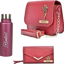Customized Ladies Wallet, Sling Bag and Bottle with Name Engrave | Personalized Anniversary Gift Set for Women | Birthday Gift for Women with Name and Charm (Wine)-image-90