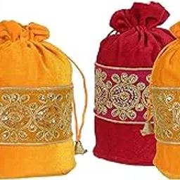 kuber industries Embroidered Design Potli Bags Handbags for Women Gifting Wristlets for Wedding, Festival, Kitty Subh Shagun-Pack of 4 (Pink & Yellow)-picture-21