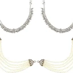 PRIVIU Pearl Ear Chain for Earrings Chain to Hair Earring Chain for Heavy Earrings (Pack of 2) Oxidised & Layered Pearl-picture-47