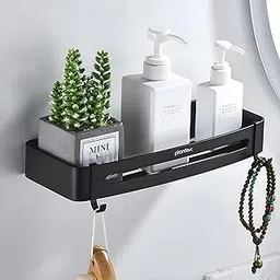 Plantex Bathroom Shelf for Wall/Space Aluminium Wall Mounted Shelf for Bathroom with Removable Hooks/Floating Shelf/Bathroom Organiser - 12x5 inches, Black (Pack of 1)-image-14