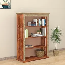 TREE MART Sheesham Wood Book Shelf | Wooden Bookshelf | Free Standing Bookcase with 4 Open Shelf Storage & Brass Work | Tall Display Unit Book Stand | Open Storage Cabinet | Honey Finish-image-0