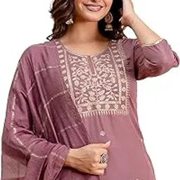 trendmalls Women's Cambric Cotton Embroidery Work Kurta Pant with Dupatta Set-picture-47