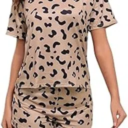 Printed Night Suit | Co-Ord Set of Top & Shorts | Printed Cotton Blend Casual wear | Comfortable | Short Sleeve Co-ord Set for Women Brown Leopard_2_BZ_S-image-72