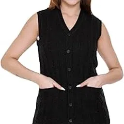 aarbee Self Design Sleeveless V Neck Woollen Cardigan for Women with Front Pockets-picture-32
