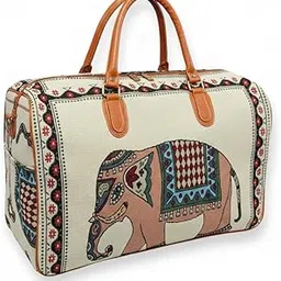shoping now Small Canvas Duffle Travel Bag for Men and Women, Handmade Indian Ethnic Elephant Print Single Compartment Luggage Travelling Duffel for Women, Stylish Cabin Size Air Hand Bag (21L)-picture-19