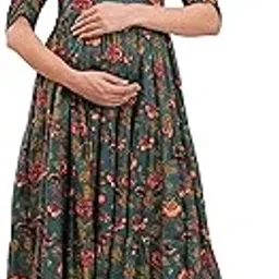 ssd textile Women’s Cotton V-Neck Puff Sleeves Floral Maternity Kurti with Hidden Side Zip for Casual Wear (Green)-picture-10