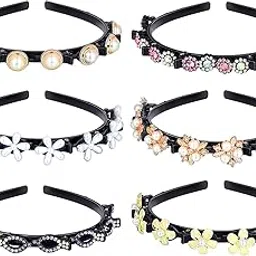 bbto 6 Pieces Beaded Hair Headbands Fashion Double Bangs Hairstyle Hairpin Headband Double Layer Twist Plait Braided Headband Elegant Flower Clips Chic Pearl for Women Girl (Vintage Style) image 1