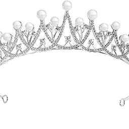 peora Silver Plated Cubic Zirconia & Pearl Studded Princess Tiara Crown Hair Accessory for Girls & Women-picture-8
