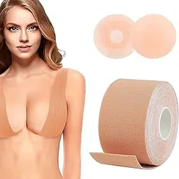 Women Boob Tape + Reusable Silicone Nipple Covers, Cotton Spandex Multipurpose Breast Lift Booby Lifting Push-up Skin Friendly Adhesive Multipurpose Stick-on Bra for Women-image-3