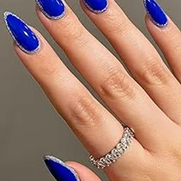 Set Of 14Pc, Press-On, Long Almond Shaped Royal Blue with Silver Glitter Edge, Nail Extensions With Free Glue Kit-image-84