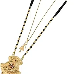 Women's Gold Plated Traditional Indian Mangalsutra with Enamel Work and Delicate Ballerina Pendant Layered Necklace Set, Black Beaded Wedding Jewelry-MD-119-image-55