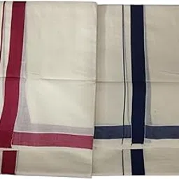 Traditional Kerala Cotton Mundu Double Dhoti, 4m Length, Dark Red and Navy Blue Border Combo, White-picture-23
