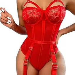 skmodel stylish Women's Lace Bustier Bodysuit with Garter Straps, Red-picture-13