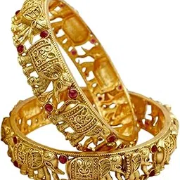 Traditional South Indian Gold Plated Elephant Bangles Set for Women | 2 PCs Ruby-Embellished Designer Ethnic Jewelry for Weddings & Festivals-picture-45