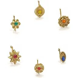 i jewels Antique Gold Plated Floral Shaped Non Piercing Clip On Pressing Type Nose Pin/Stud Combo Pack For Women (NL194FL-CO)-picture-44