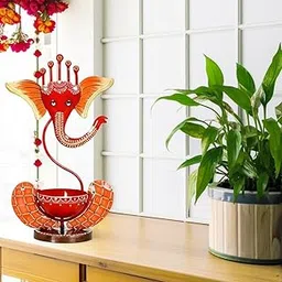 RHEA STORE Housmart Inc Ganesha Tea Light Holder | Red Iron Painted Candle Decor for Home Temple-picture-57