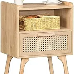 K J Furniture Rattan Nightstand, Side Table with Drawer and Storage, Bedside End Table with Solid Wood Legs for Living Room, Bedroom, Dorm and Small Spaces (Natural)-image-7