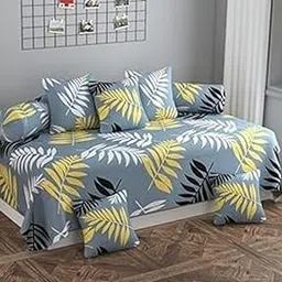 TIB Elastic Fitted Diwan Set Covers Glace Cotton 8 Piece Printed Design Diwan Set, Elastic diwan Set bedsheet Pillows 5 with Bolster 2, Leaf Grey-picture-14