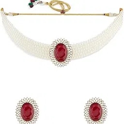 zaveri pearls Red Stones Austrian Diamonds Multistrand Pearls Choker Necklace & Earring Set For Women-ZPFK21328-picture-12