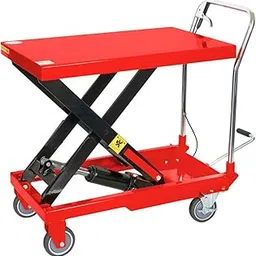 SWADESI KRAFTS Manual Scissor Lift Table Capacity 300kg (Safe laod 150kg) Height 900mm Platform Size 855x500x50mm PU Four Wheels | 2 Locking casters125mm Foot Operated Hydraulic Scissor Table Truck-image-36
