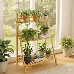 Lukzer 3-Tier Bamboo Plant Stand and Storage Shelf | Freestanding Vertical Indoor Organizer for Potted Plants, Flowers, Herbs, Books, Kitchen Bathroom Essentials, Living Room Balcony, Small Spaces-image-8
