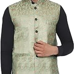 veera paridhaan Men's Banarasi Printed Nehru Jacket (Green)-picture-11